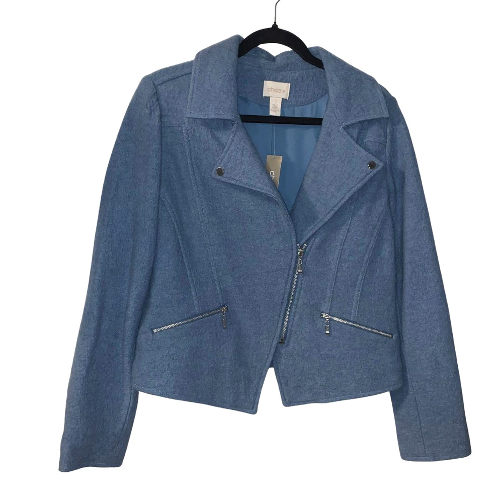 Chico's Women's Boiled Wool Moto Jacket Size M 8 1 NEW Montauk Blue Asymmetric